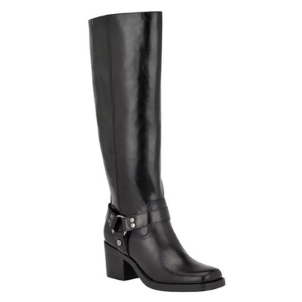 Nine West Women's Black Koop Square Toe Block Heel Knee-High Moto Boots Size 11